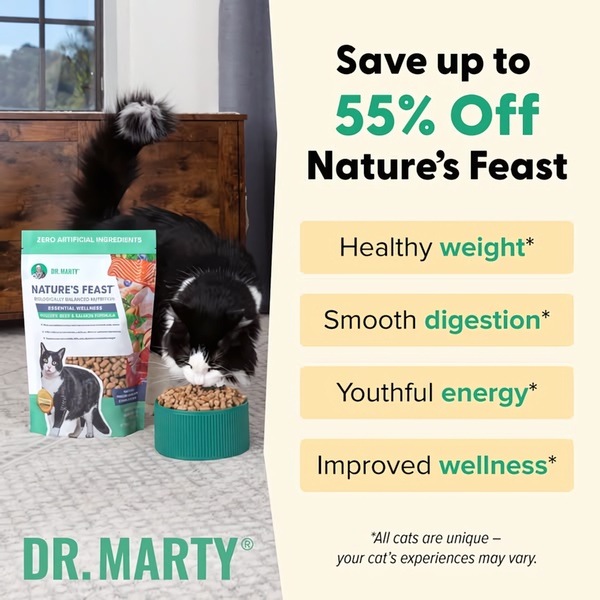 A split-screen cat food ad creative featuring a clear visual of the product on the left and a bulleted list of health benefits on the right.
